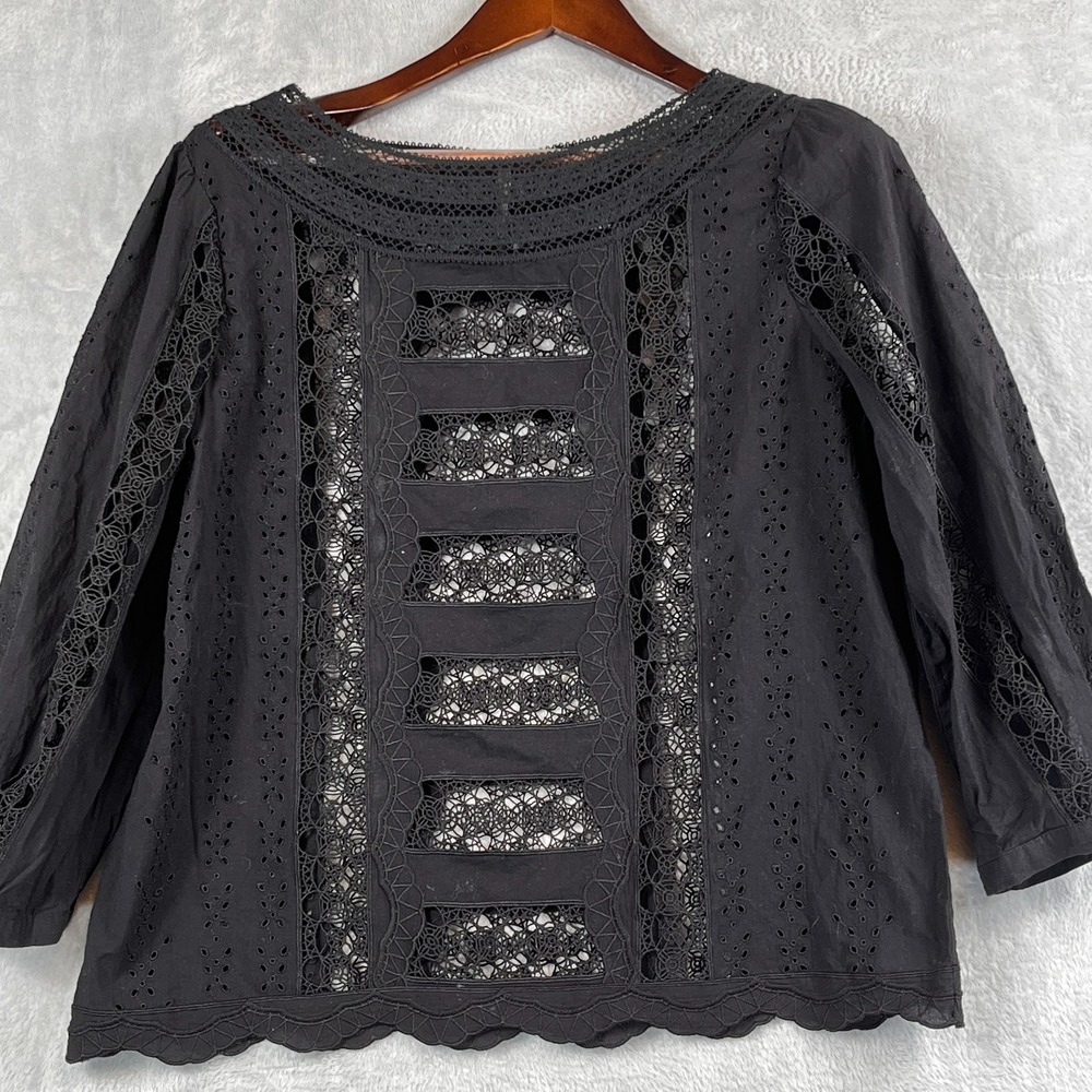 White House Black Market WHBM 8 Black Eyelet Lace Semi Sheer Boho Top whimsigoth